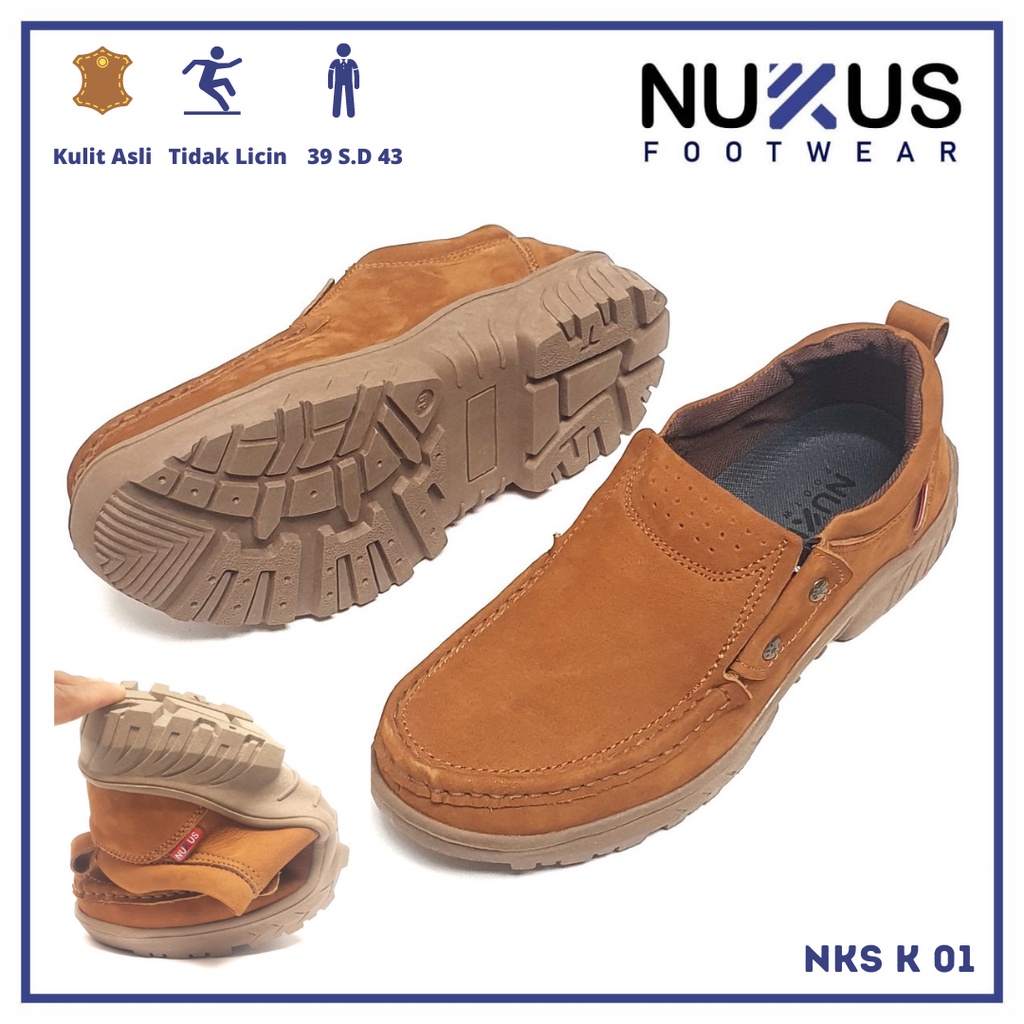 Nukus Footwear Sepatu Kasual Kulit Nubuck Slip On Pria Cokelat Tan - NKS K 01