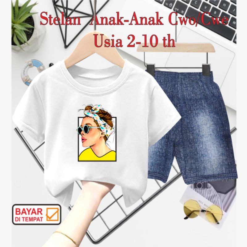 ((IB))SETELAN ANAK PEREMPUAN SEMI JEANS/CEWEK DIGITAL SABLON