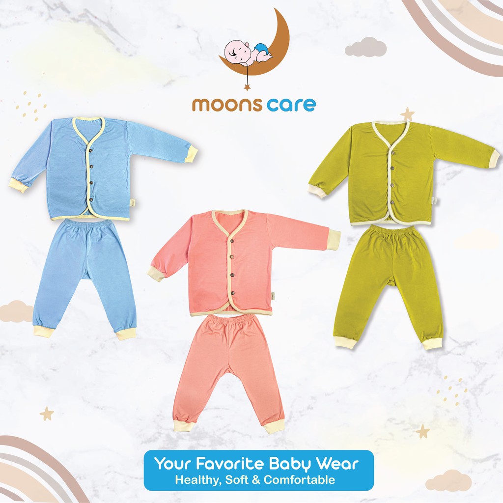 NEWBORN MOONS STELAN PANJANG POLOS KANCING STELAN BAJU BARU LAHIR BAJU BAYI BAJU PANJANG MOON'S