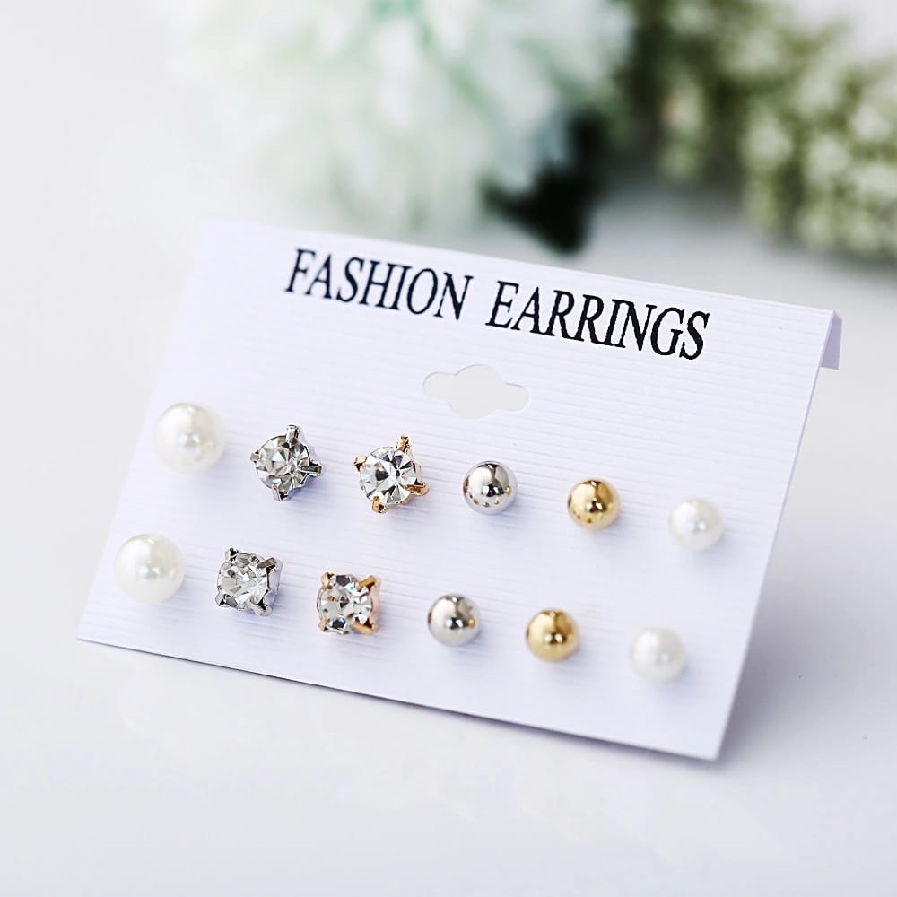 SET 6PCS Anting Gaya Korea Mutiara Lingkaran Permata untuk Wanita Women Earrings Piercing