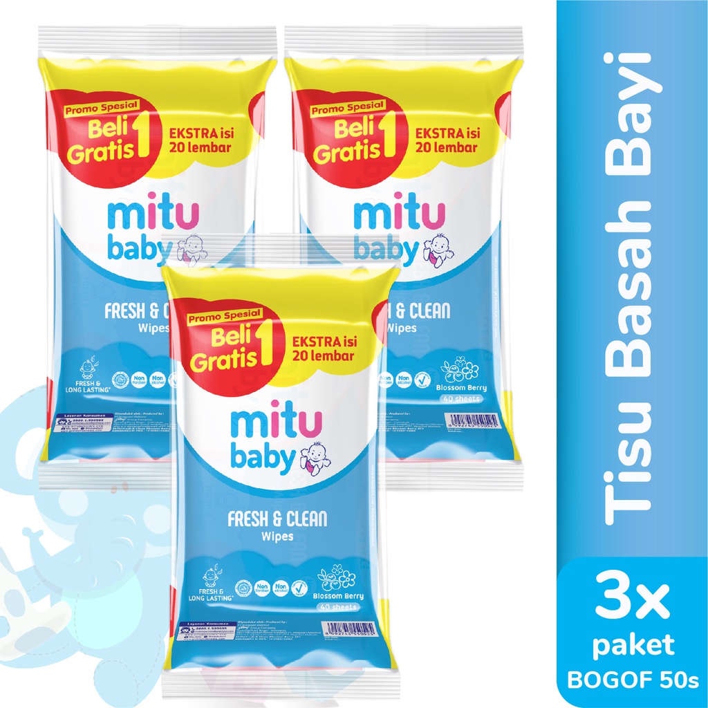 Mitu Baby Tisu Basah Fresh & Clean Blossom Berry 40s + 20s Buy 1 Get 1- x3 - Tisu Basah Bayi