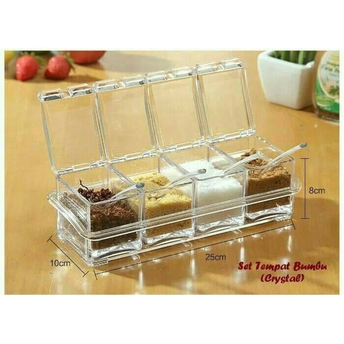 Tempat Bumbu Crystal 1 set isi 4 / Tempat Bumbu Bening 4 in 1 /  Tempat Bumbu Dapur Kotak / Crystal Seasoning Box