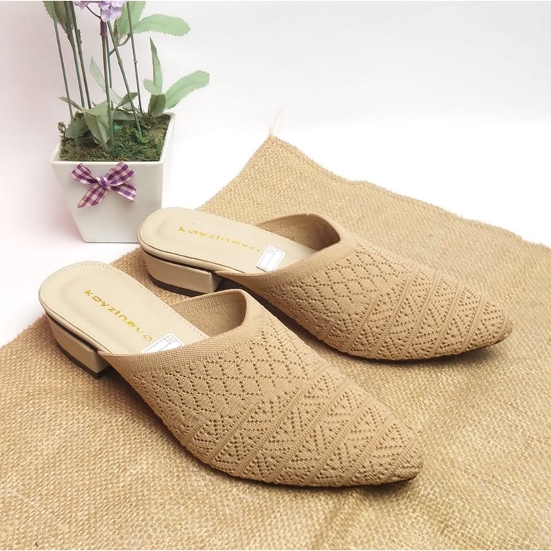 Kayzineva Sepatu Wanita Slip On Mules Rajut Import Hak 3cm