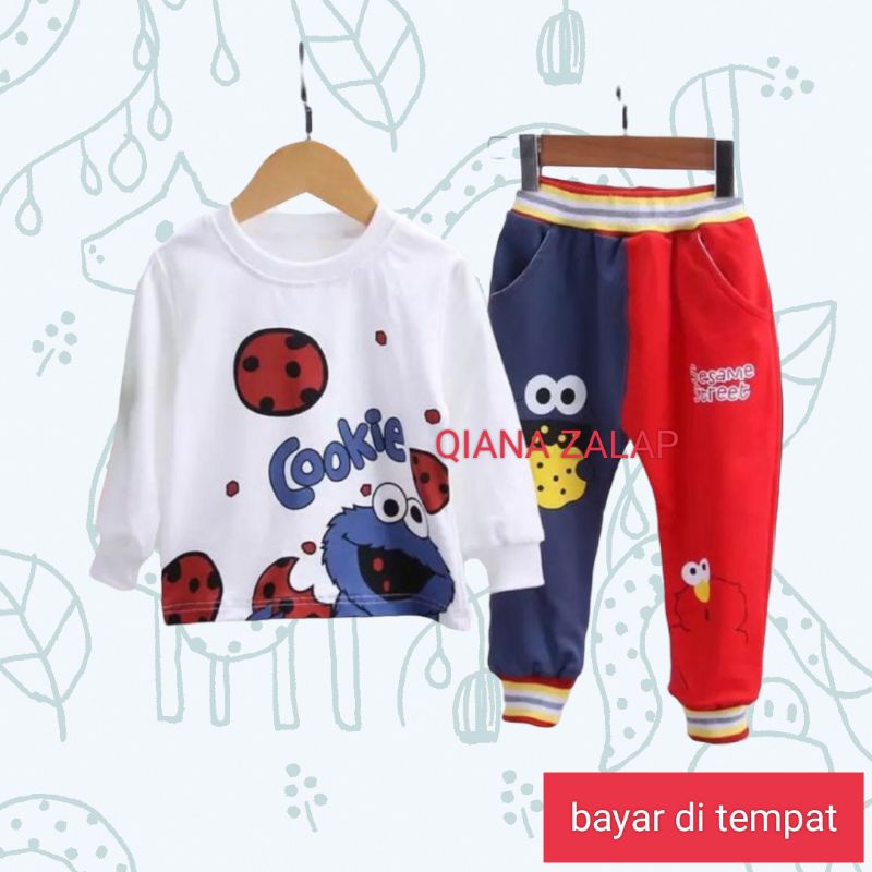 setelan sweater elmon cookie/bahan flece celana model jogger