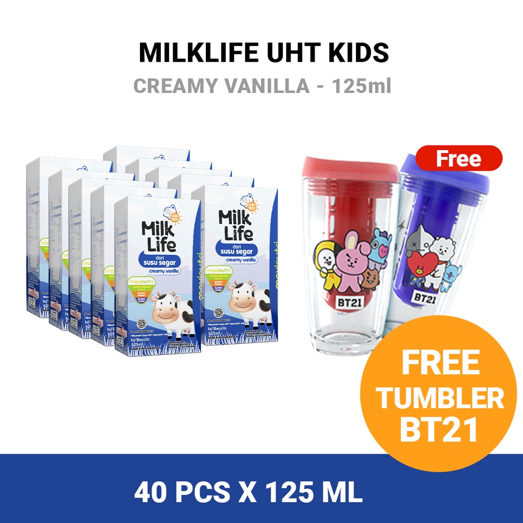MilkLife Creamy Vanilla - UHT Kids [40 pcs/Tetra Slim Leaf 125 ml] - FREE INFUSED WATER TUMBLER BT21