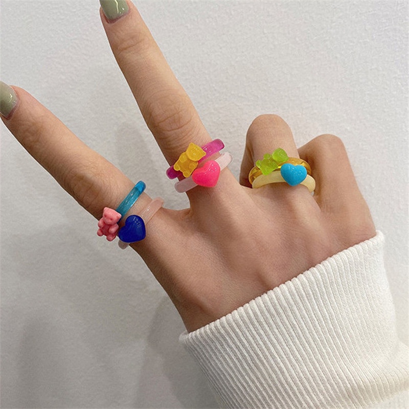 [ACKER] 2Pcs/set Cincin Resin Desain Hati Beruang Kartun Lucu Untuk Wanita