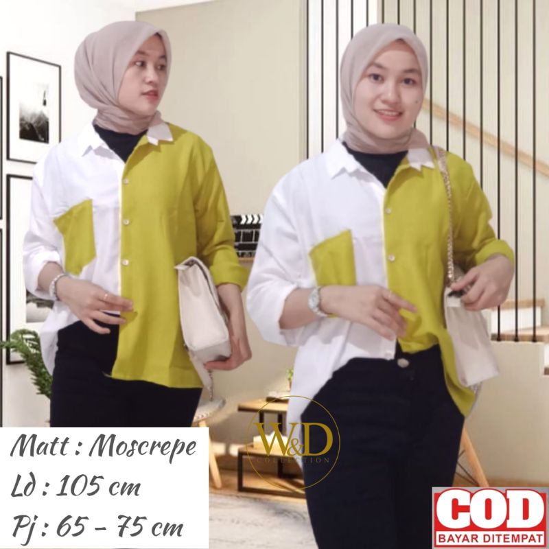 Kemeja Wanita Polos Casual Blouse Basic Kombinasi Warna Lengan Panjang Kekinian  Moscrepe-Lemon Kombi 84