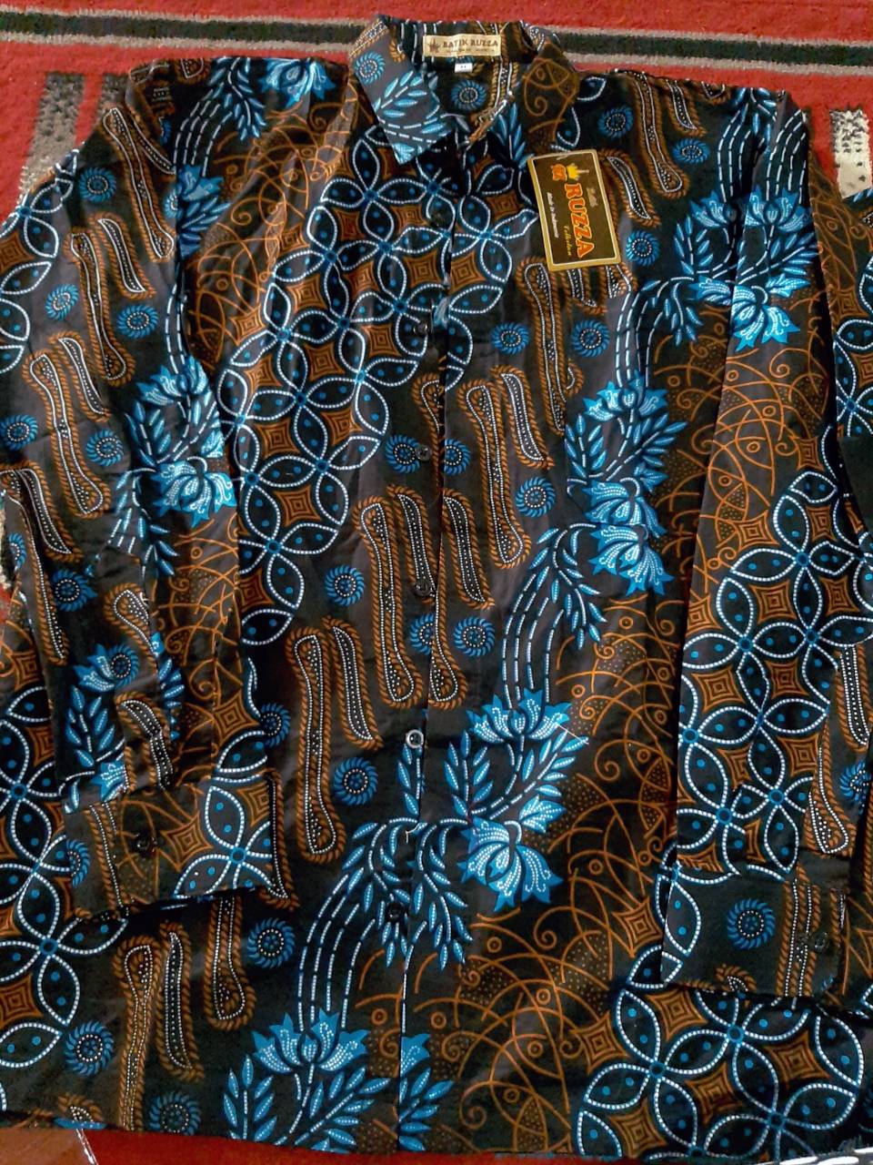 Ruzza Batik Couple Motif Seno Biru Liris Kawung Sarimbit Atasan Seragam Size M L Xl