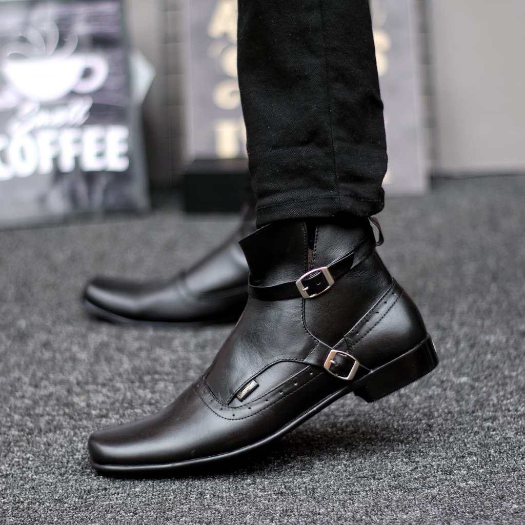 Sepatu Boots Pantofel Kulit Asli Formal Resleting Kerja Hitam Pria Abrhm Pacuan