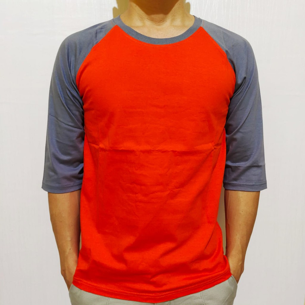 Kaos Polos Reglan Orange Lengan Abu Tua 3/4 size 20 22 S M L XL XXL