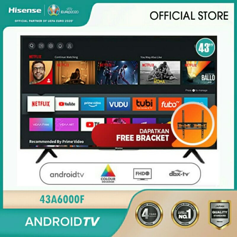 Hisense TV Android SMART43'A6000F FHD DTS Studio Sound Game Mode Bluetooth