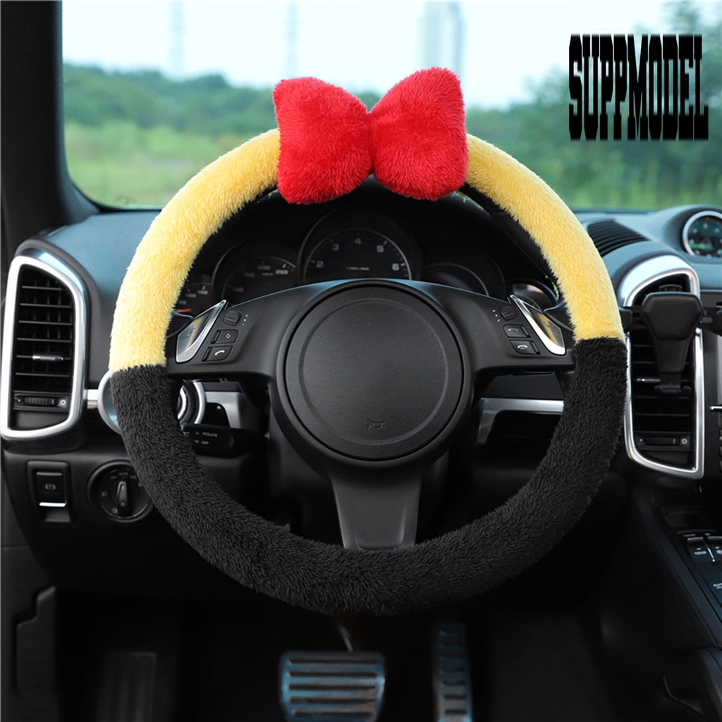 Cover Setir Mobil Universal Bahan Plush Super Lembut Hangat Aksen Pita