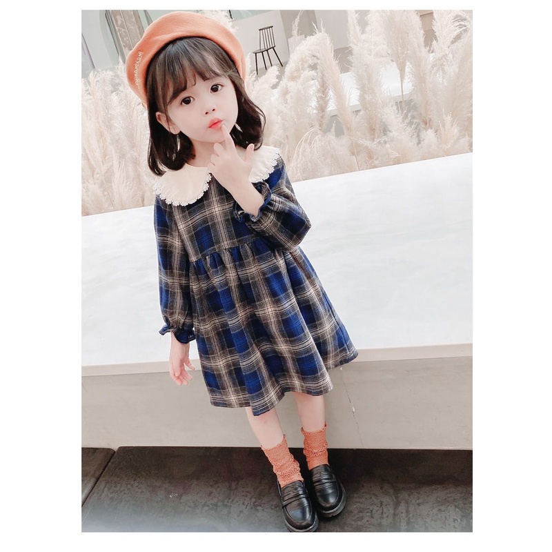 Dress Anak Perempuan Kotak Kotak Kerah Putih Baju Anak Cewek Meonky Official Import Untuk Usia 2 Sam
