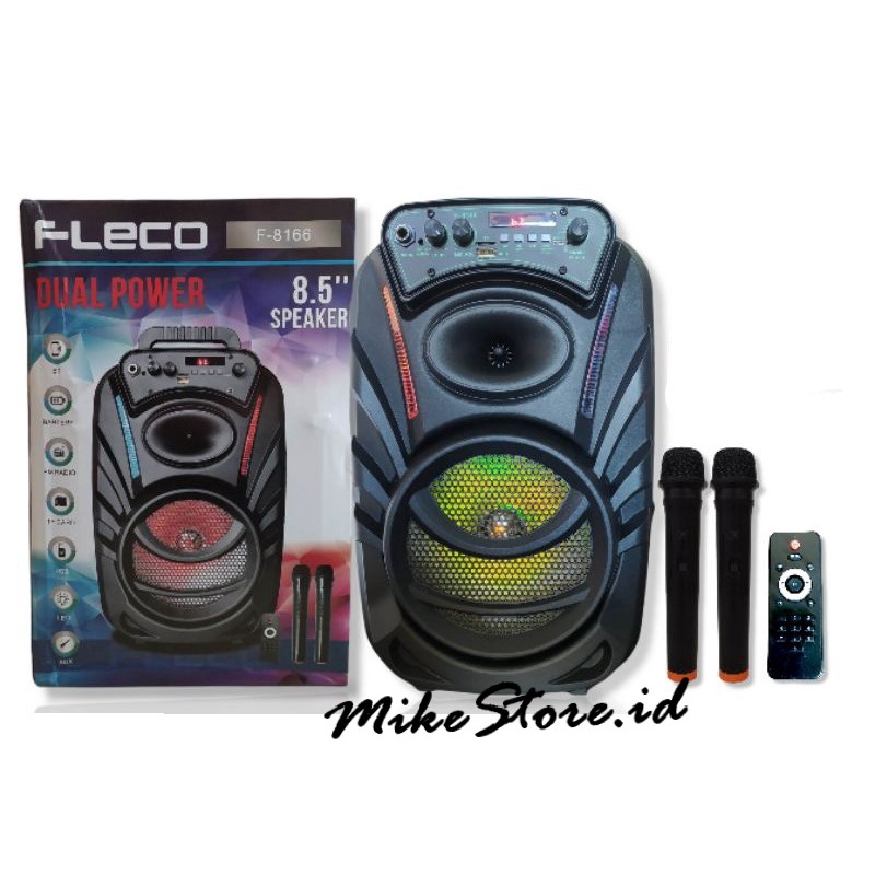 Speaker bluetooth karaoke super bass,fleco F-8166 Fleco bonus dua (2)mic wireless super karaoke