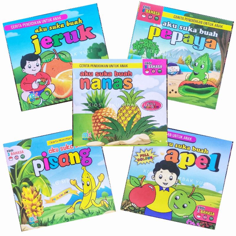 Buku Cerita Anak Bergambar Tema Buah 3 Bahasa Indonesia - Inggris - Indonesia Full Color Bisa COD