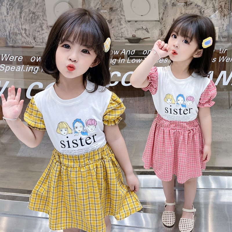 Promo !! Setelan baju anak perempuan / Setelan three sister square import ukuran 1-2 tahun (pink,kuning)