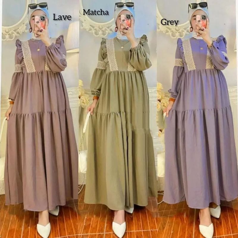 Fashion Wanita Gamis Crinkle Olivia Dress Baju Gamis Remaja Aplikasi Renda Lengan Balon Baju Wanita Kekinian