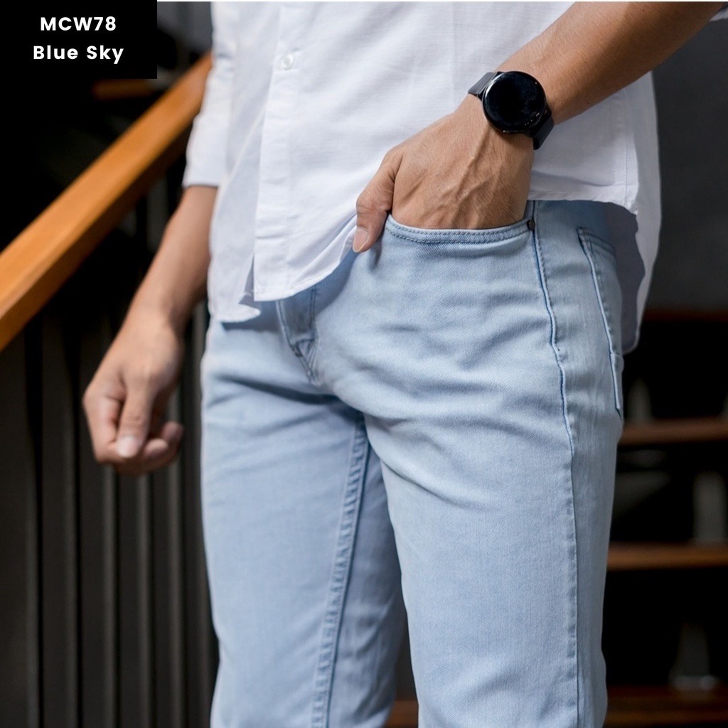 CELANA JEANS SKINNY PULL&amp;BEAR PRIA BLUE LIGHT STRETCH BIRU MUDA TERANG