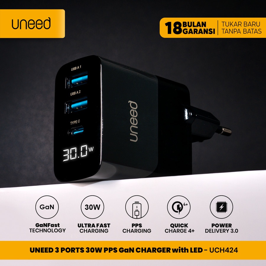 UNEED GaN Charger 30W with Display QC 4.0 3.0 PD 3.0 AFC FCP - UCH424