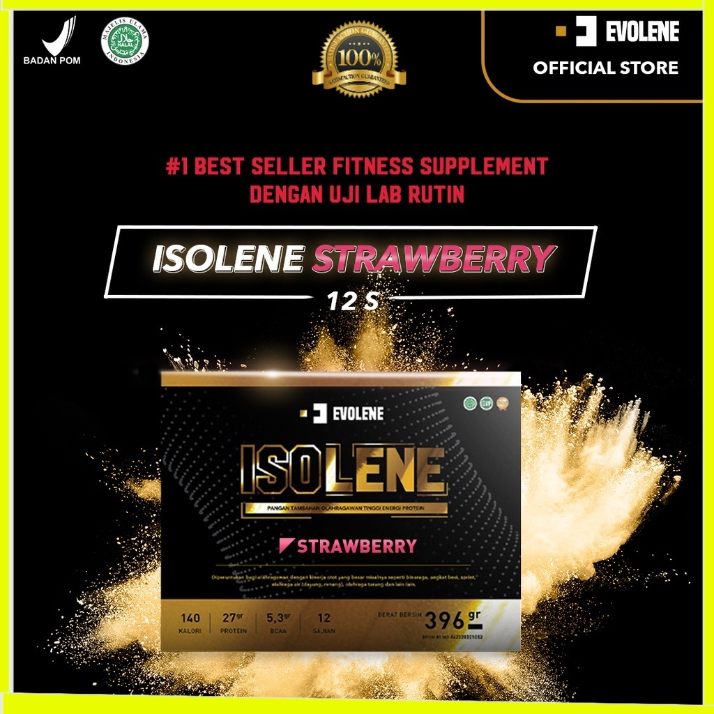 Isolene Strawberry 396gr/12 Sachet Kualitas Premium - Suplemen fitness pembentuk Otot - Defisit kalori - Susu Protein - Suplemen Fitness - Minuman Protein - Suplemen Workout - Whey protein isolate Evolene Evoline Evolen