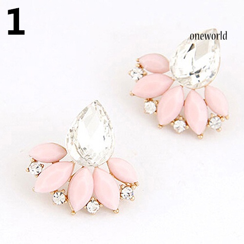 OW@ Women's Korean Style Teardrop Leaf Inlaid Rhinestone Earrings Ear Studs Jewelry