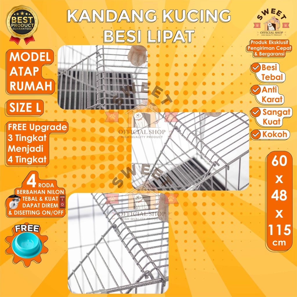 KANDANG KUCING TINGKAT 4 RODA REM SIZE L 60x48x115 -MODEL ATAP RUMAH -SUPER TEBAL IMPORT HIGHQUALITY-8