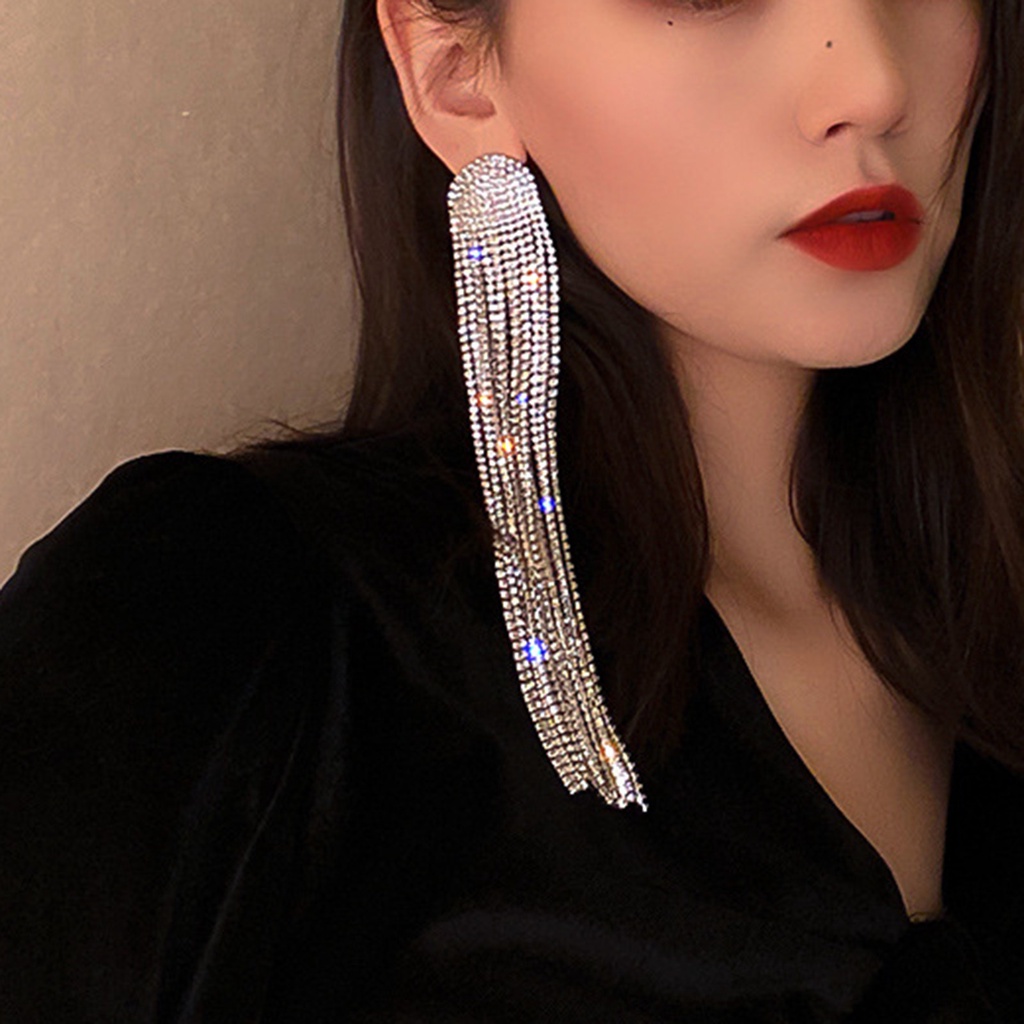 Anting Juntai Panjang Full Berlian Imitasi Bahan Alloy Untuk Wanita
