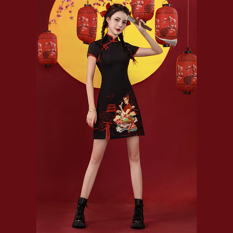 Guochao cheongsam 2022 new young girl improved summer black short fried Street Chinese style women's