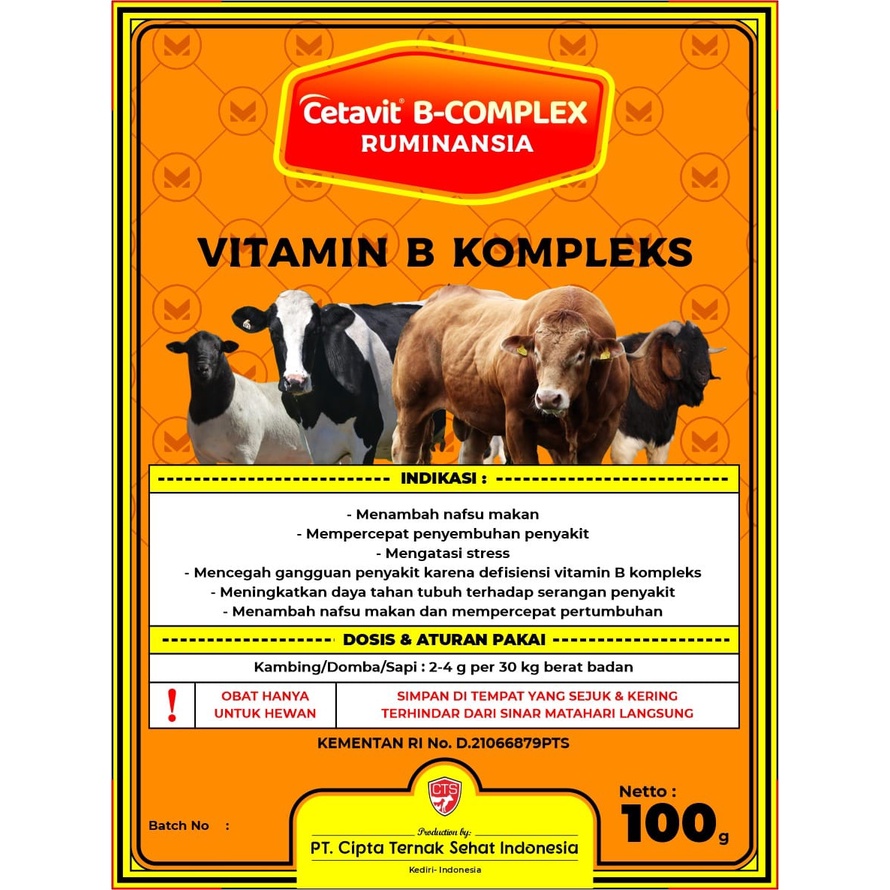 CETAVIT B KOMPLEKS RUMINANSIA 100 GRAM - Vitamin Napsu Makan Ternak Sapi kambing Domba