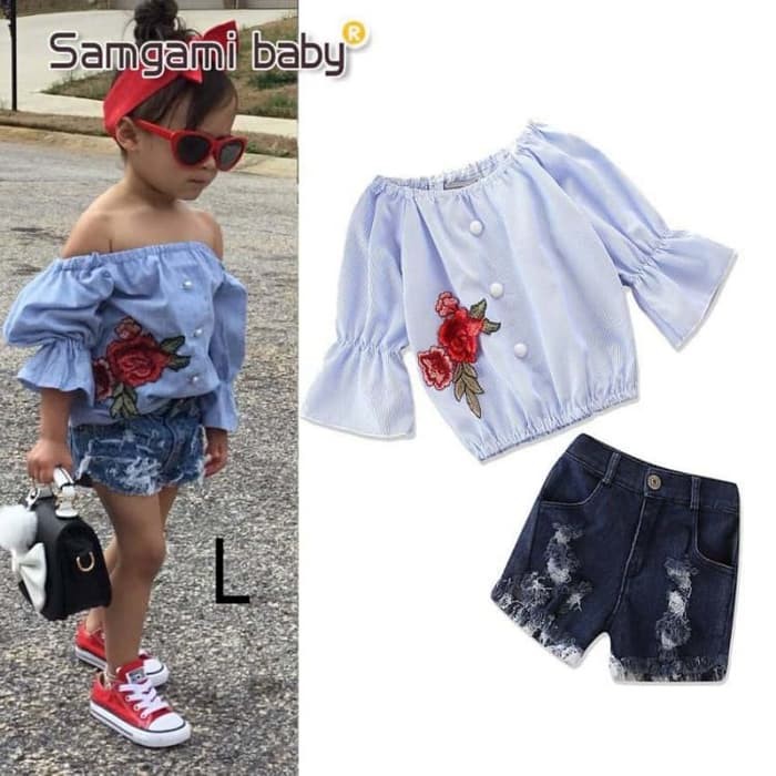 Baju Setelan Anak Perempuan Cewek Import Sabrina Biru Hot Pants Jeans