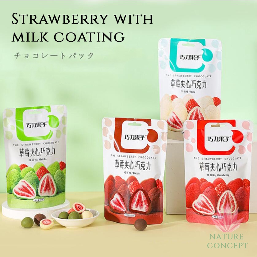 Freeze Dried Strawberry Cemilan  Snack Strawberry with Milk Chocolate Matcha Coated