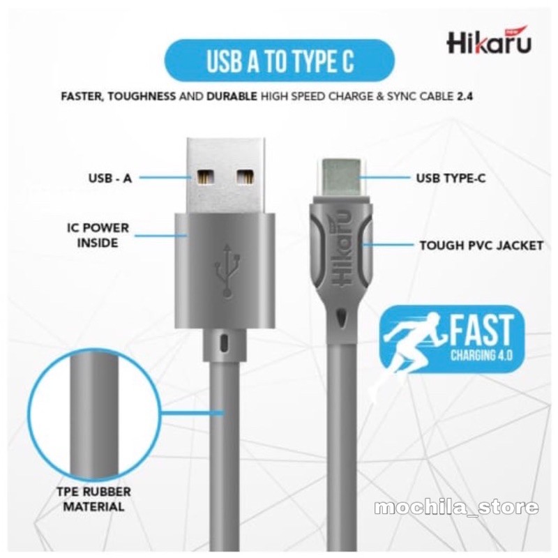 Kabel Data Fast Charging Tipe C / Type C - Dura Fast 2.4A - Fast Charging - 1 Meter - Hikaru