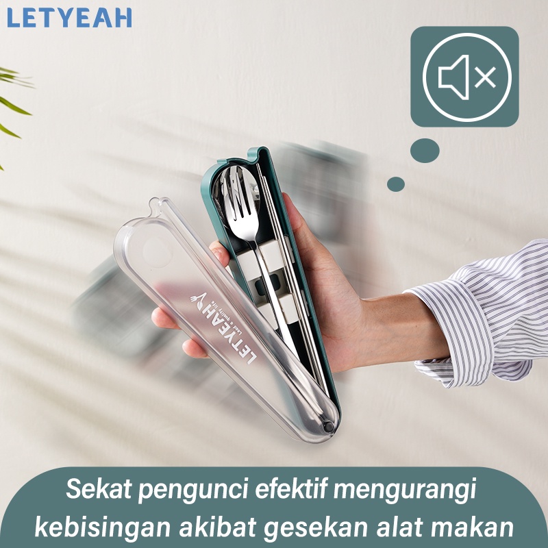 letyeah Alat makan stainless portable/cutlery set 3 in 1 dengan transparent rotatable kotak model kipas/sendok garpu set