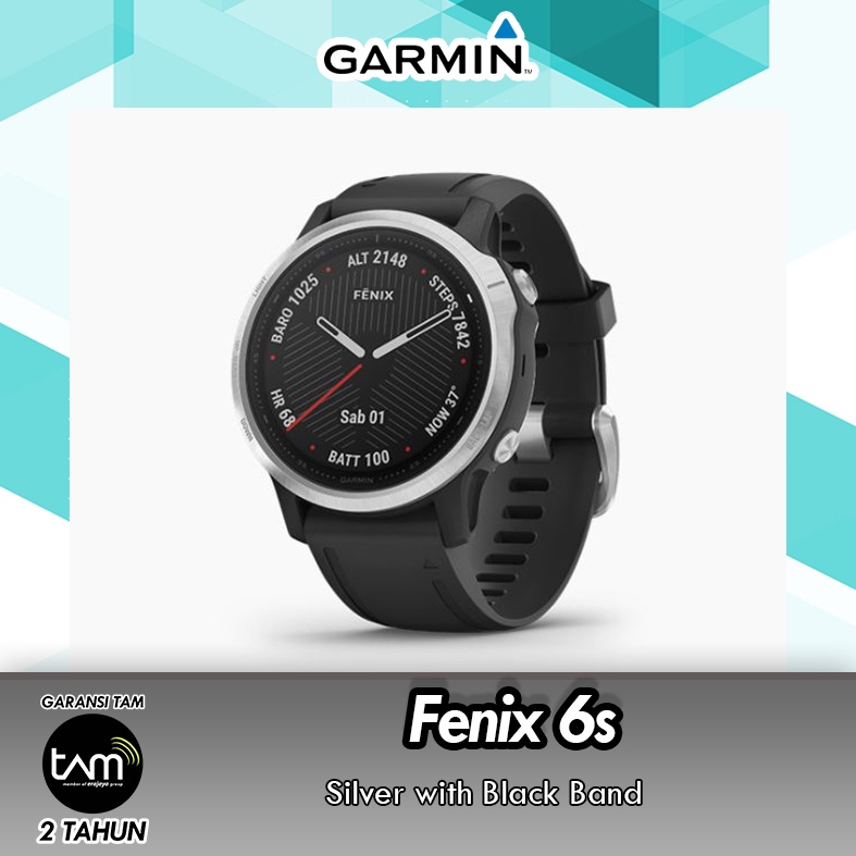 GARMIN Fenix 6S - Silver With  Black Band Smartwatch Running Fitnes Tracke Garansi Resmi 2 Tahun TAM