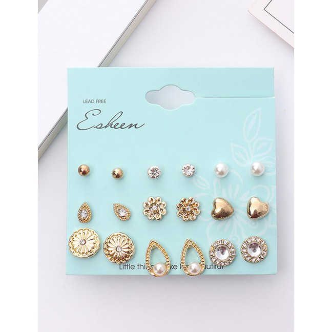 LRC Anting Set Simple Gold Color Flower Shape Decorated Earrings Sets