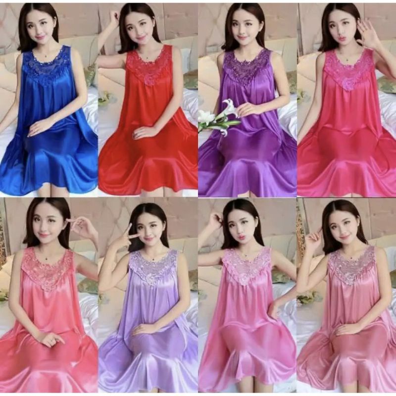 Trijaya . lingerie jumbo satin brukat happy XXL / dress baju tidur wanita sexy bahan satin import