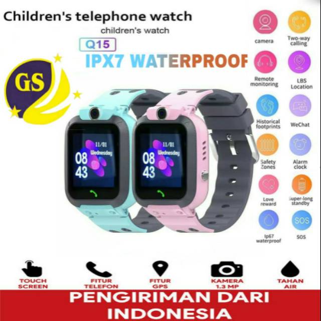 Q15  [Ready stock] smart watch Tahan air jam tangan pintar anak-anak, layar sentuh telepon GPS/SOS