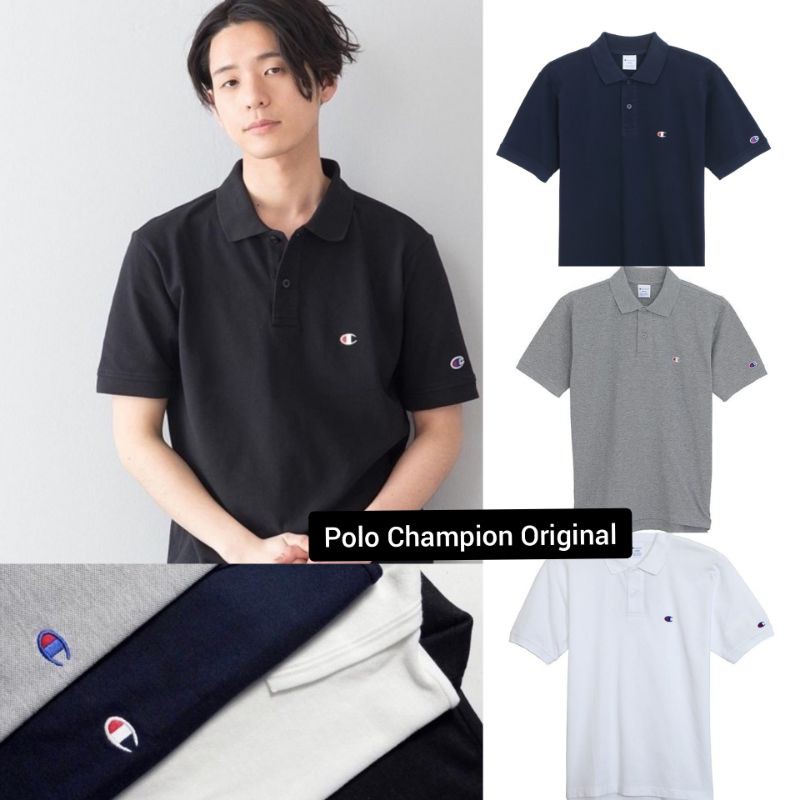 Kemeja Kaos Polo 20SS Champion Logo Basic Polos Original Pria Wanita Grey abu Navy Putih Hitam