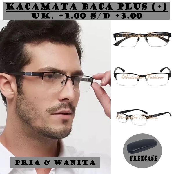 Kacamata Baca Lensa Plus Uk. +1.00 s/d +3.00 Model Gantung Half-Rim Trendy pria wanita Warna Hitam Gaya Vintage Klasik FREECASE