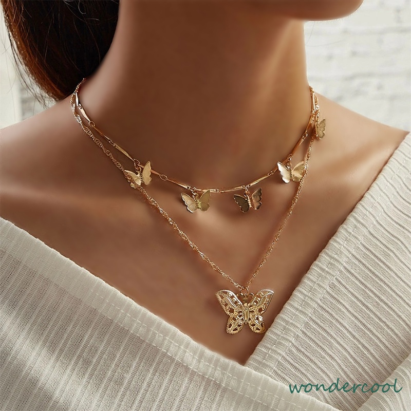 Fashion Kalung Multilayer Kalung Kupu-kupu Liontin Aksesoris Wanita Kalung Perhiasan Aksesoris-Won