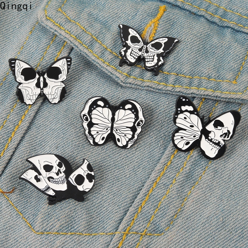 Bros Pin Enamel Desain Kupu-Kupu Tengkorak Gaya Punk Gothic Untuk Hadiah Teman