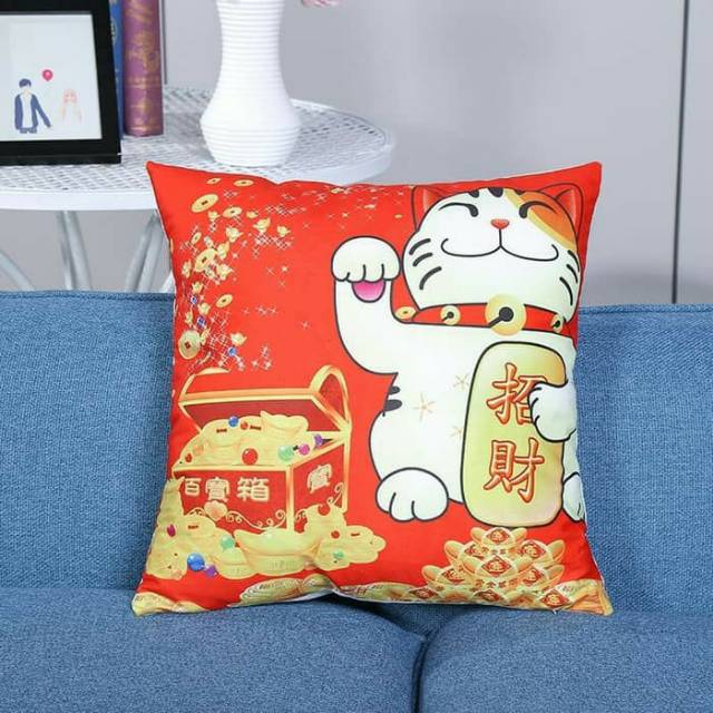 Sarung Bantal Maneki Neko Kado Imlek Murah Dekorasi Imlek Kucing Hoki