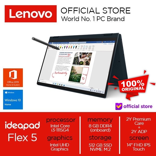 LENOVO IDEAPAD FLEX 5 TOUCH CORE i3 1115G4 8GB 512GB SSD WIN10+OHS 14.0 FHD 2 IN 1 2YR+ADP