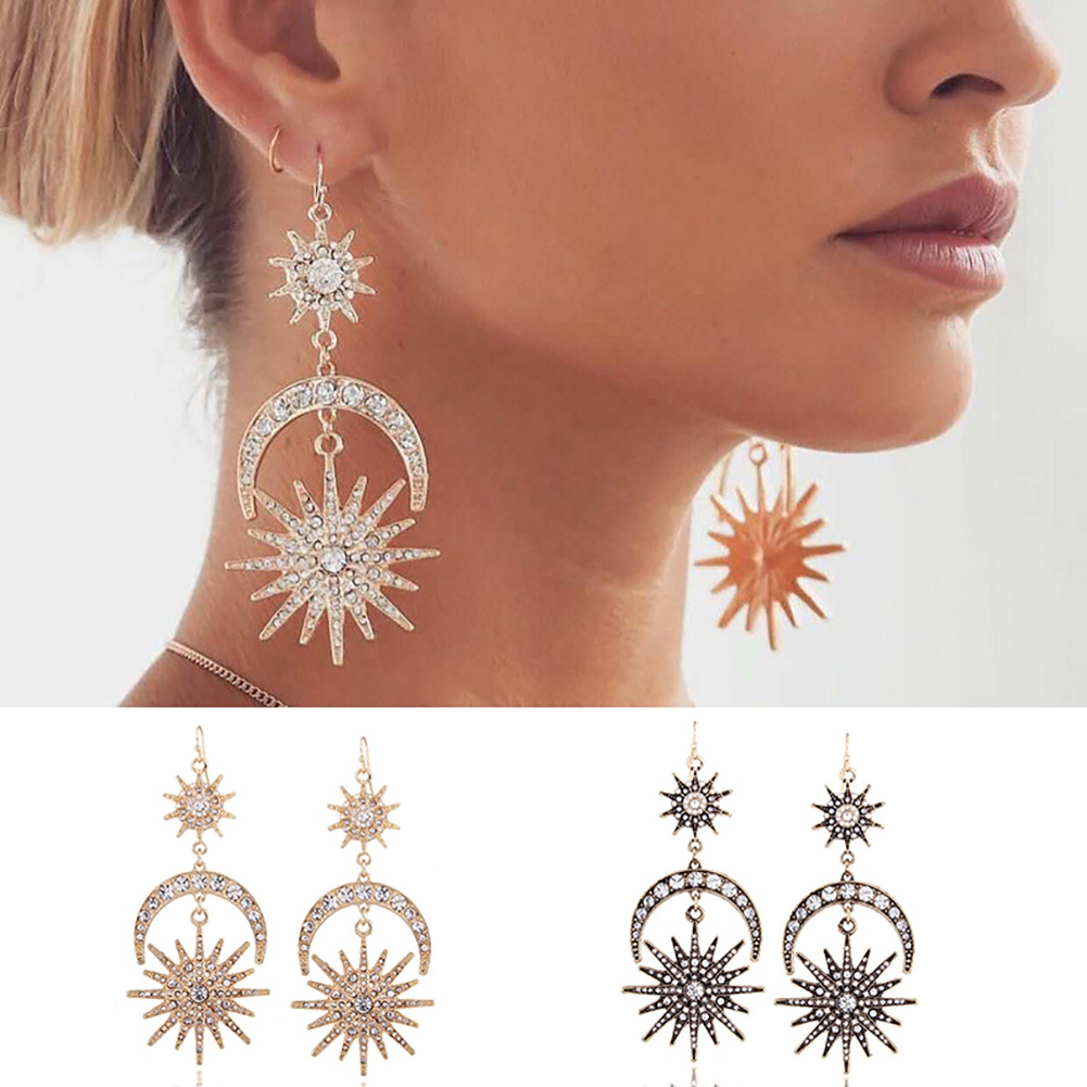 Hu Hu Hu Hu Hu Alat Bantu Pasang Kacamata♡ Anting Kait Gantung Statement Desain Bulanmatahari Hias Berlian Imitasi Gaya Mewahboho Berkilau Untuk Wanita