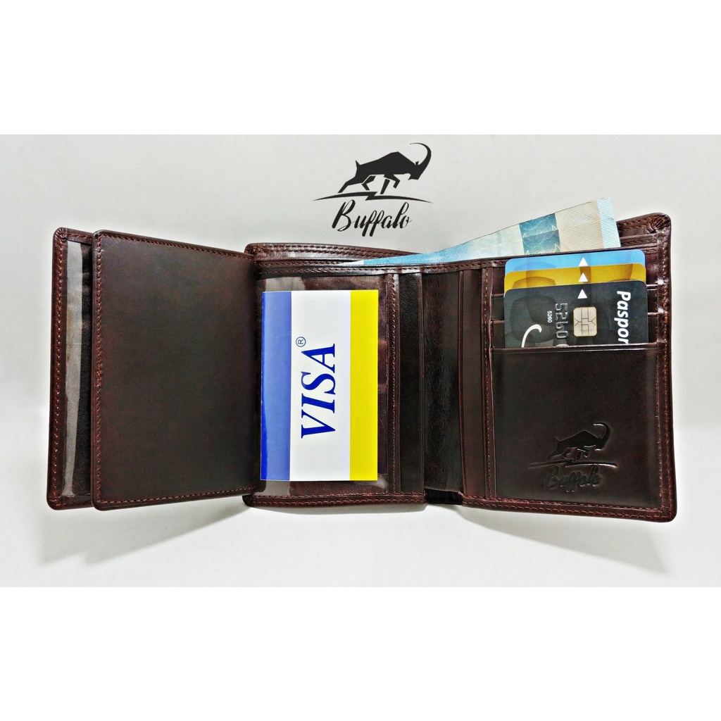 Buffalo Dompet Pria 100% Kulit Asli Slot Kartu Banyak Model Lipat Casual - Coklat Brown Cokelat Tua