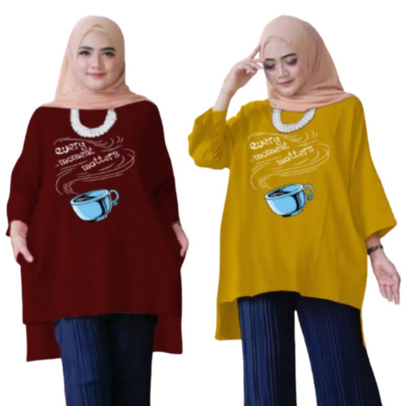 Tunik Wanita Oversize XXL LD 130 Cm Tangan 3/4 Bahan Kaos Babyterry . Baju Wanita Jumbo Atasan Tunik Dewasa Big Size Terbaru 2023 Kekinian Viral Murah Gelas