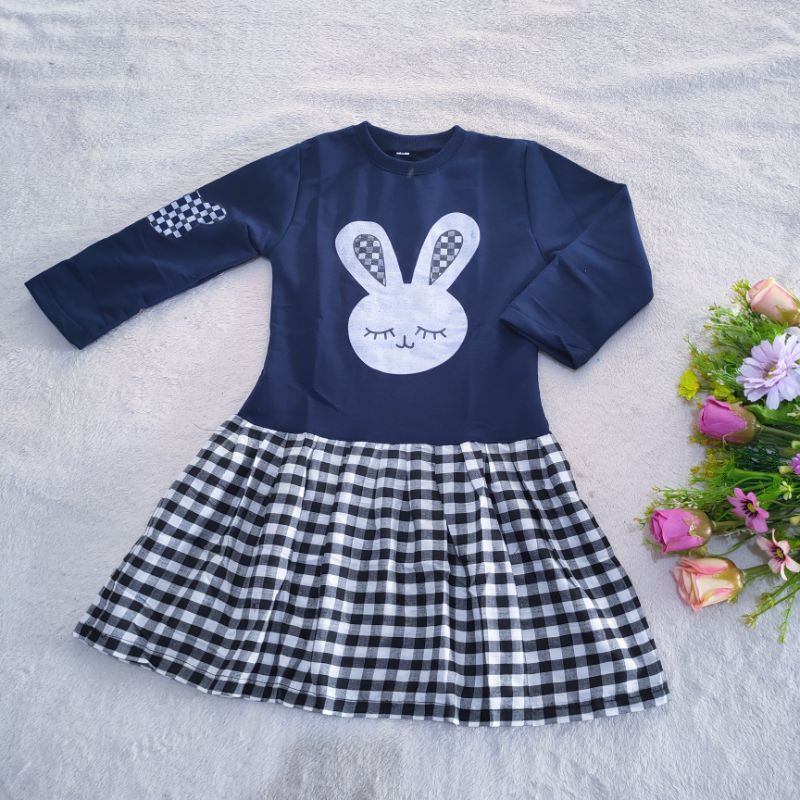 Dress anak 2 3 4 5 Tahun cewek perempuan Dress motif kotak Rabbit Viral kelinci playboy