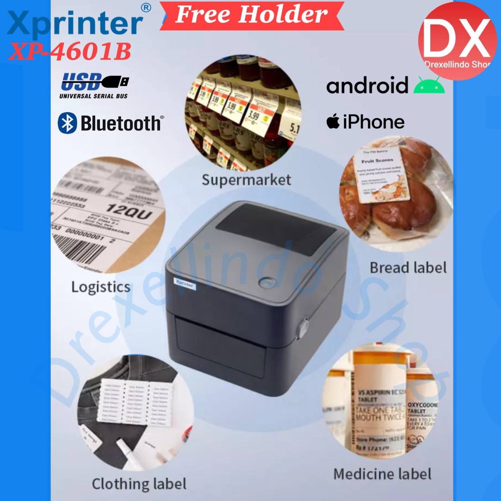 BARCODE PRINTER LABEL STIKER XPRINTER XP-4601B USB BLUETOOTH 4601B FREE HOLDER