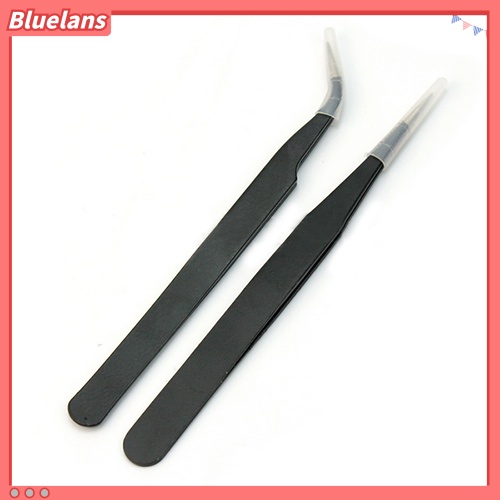 Bluelans 2Pcs Pinset Lurus Melengkung Untuk Nail Art / Extension Bulu Mata