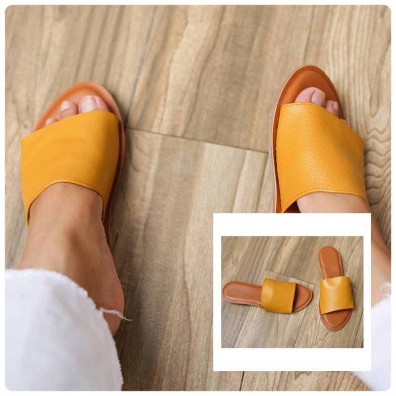 Sandal Slop Teplek Wanita Sendal Kokop Wanita Slop Cewek Kekinian Sandal Kulit Papirut Asli Garut-Kuning